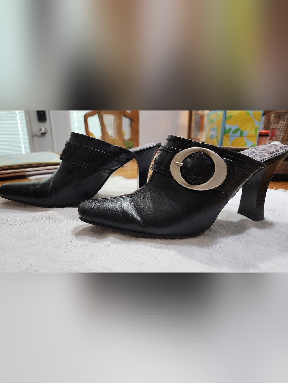 Black  Pointed Mule Heels with Decorative Buckle